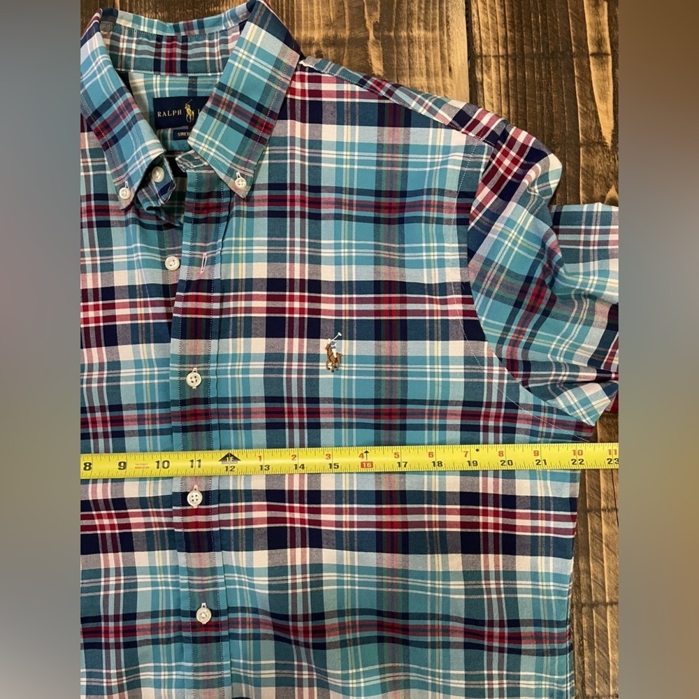 Polo Ralph Lauren Plaid Shirt Men Medium Blue Red Stretch Button Down - Picture 7 of 8